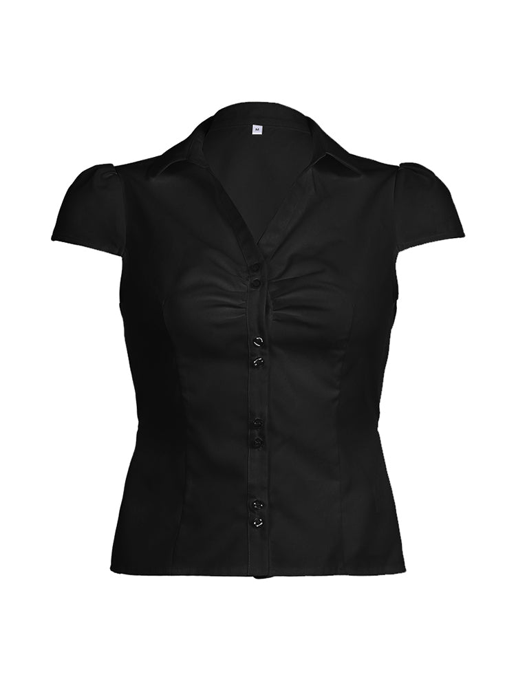 Aiertu - summer inspo Solid Shirring Button Up Turn Down Collar Short Sleeve White Shirts Women Simple Casual Summer Clothes Aiertu
