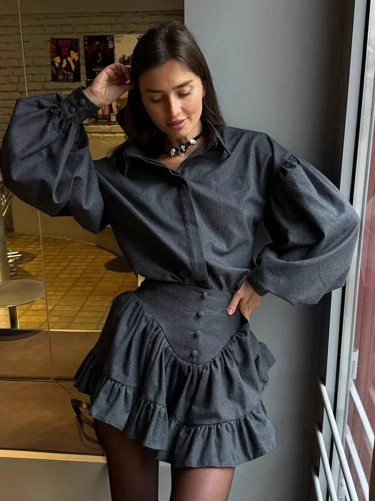 Aiertu  Fashion Retro Women Skirts Sets Pattern Long Sleeve Button Shirts Top High Waist Ruffle Hem Mini Skirt Set 2025 New Lady Outfits Aiertu