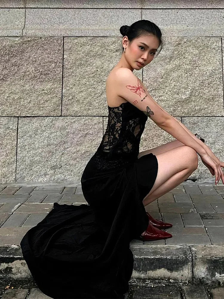 Aiertu  -  Sexy Hollow Out Dress Women Sling Backless Irregular Ruffle Hem Split Dresses Female 2025 Spring Summer Lace Club Bar Lady Robe Aiertu