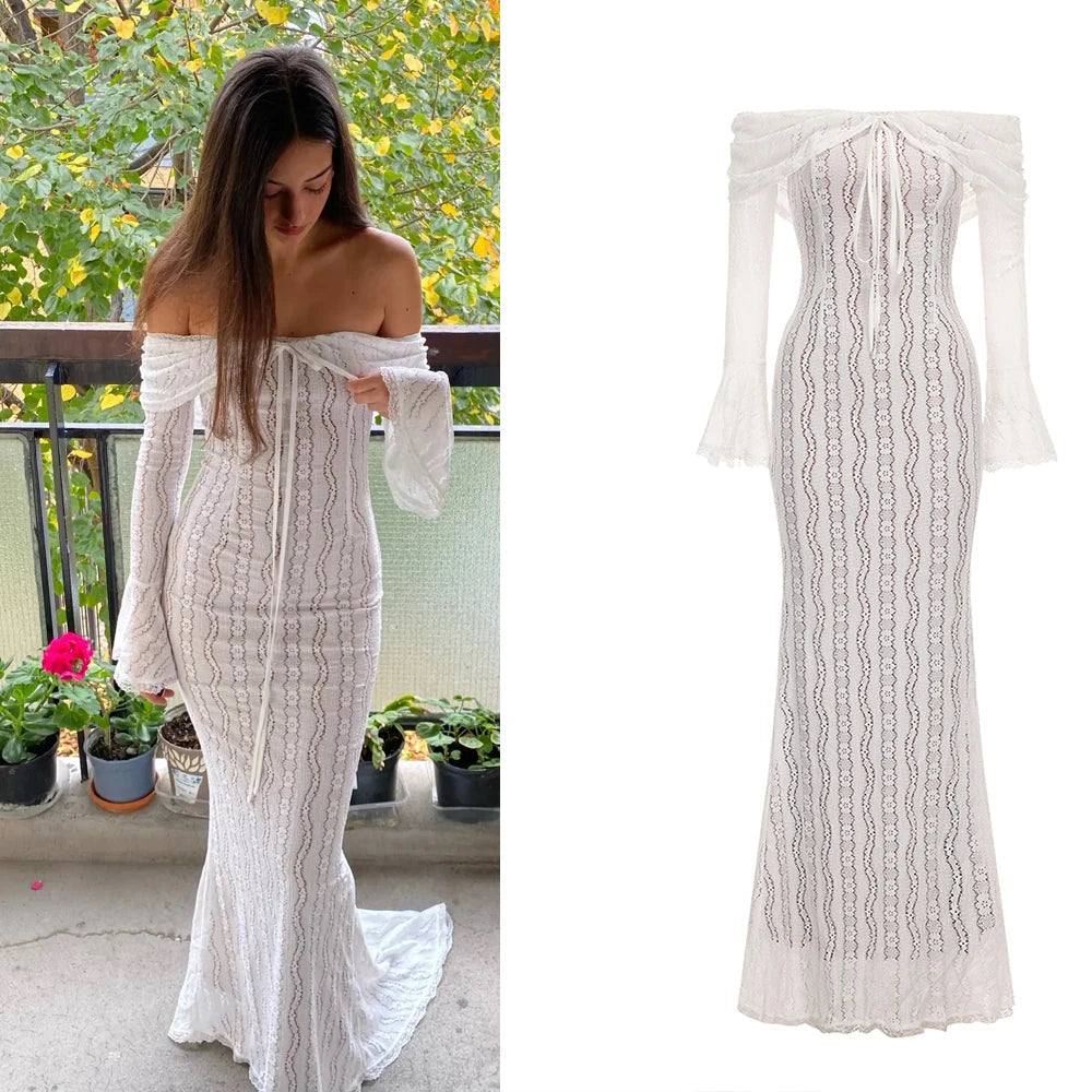 Aiertu  Autumn Long Sleeve Off The Shoulder Bodycon Dress New Mermaid Wedding Guest Party Dresses for Women White Dress Aiertu