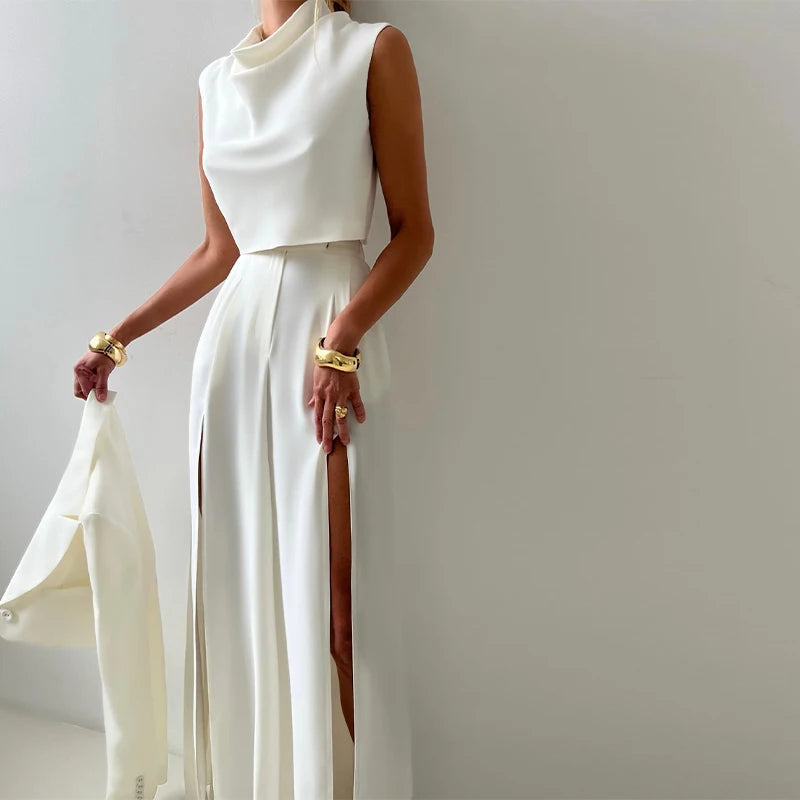 Aiertu  -  Chic Pants Set Women Swing Collar Sleeveless Crop Top High Waist Split Long Pant Female Sets 2025 Spring Casual Street Lady Suit Aiertu