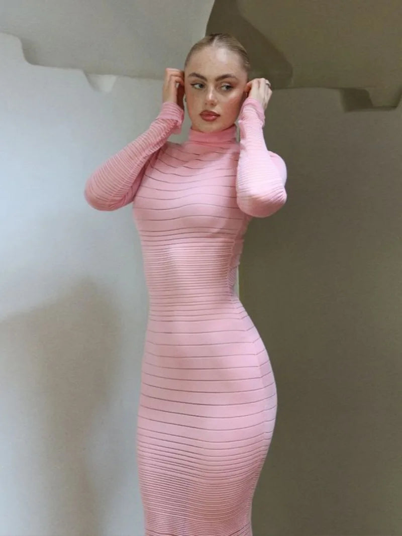 Aiertu  -  2026 Autumn Winter Striped See-through Knitted Long Dress Streetwear Sexy Women's Half High Collar Bodycon Evening Party Dresses Aiertu