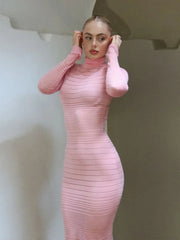 Aiertu  -  2026 Autumn Winter Striped See-through Knitted Long Dress Streetwear Sexy Women's Half High Collar Bodycon Evening Party Dresses Aiertu