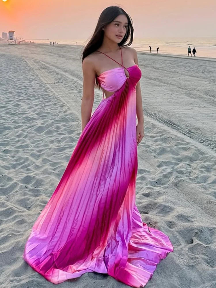 Aiertu  -  Rainbow Halter Pleated Suspender Large Swing Women Dress Summer Beach Backless Slim Dresses 2025 Summer Vacation Chic Lady Robe Aiertu