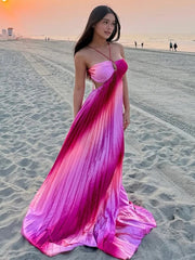 Aiertu  -  Rainbow Halter Pleated Suspender Large Swing Women Dress Summer Beach Backless Slim Dresses 2025 Summer Vacation Chic Lady Robe Aiertu