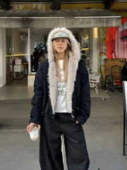 Aiertu  -  American Retro Fur Collar Hooded Jacket Women Y2K Streetwear Winter New Velvet Thickened Warm Harajuku Loose Casual Jacket Aiertu