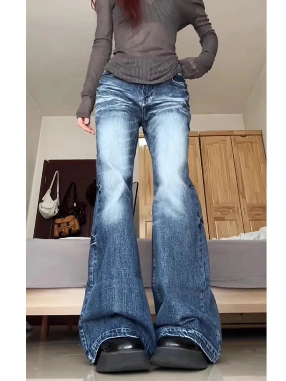 Aiertu  -  Simple Wash American Slim High Waist Pants Denim Commuter Vintage Streetwear Trousers Straight Loose Floor Moda Sweatpant Aiertu