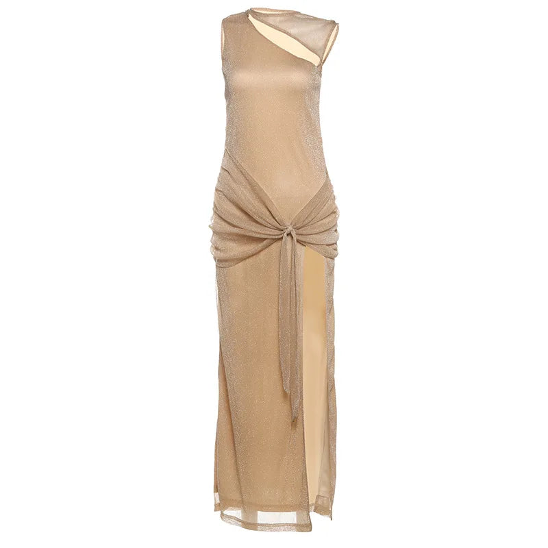 Aiertu  -  Chic Glitter Dress Women O-neck Sleeveless Slim Hip Package Hollow Out Pleated Ankle-length Dresses Female 2025 Spring Lady Robe Aiertu
