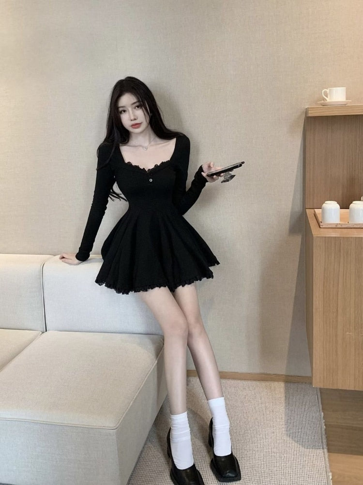 Aiertu Sexy Black Lace Dress Women  Bodycon Wrap Slim Party Mini Short Dresses Evening Fashion Long Sleeve Outfits Aiertu