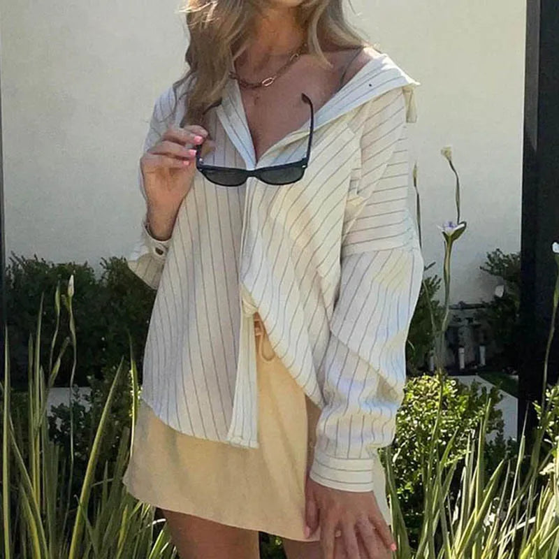Aiertu  -  Fashion Chic Loose Stripe Women Shirt Top Buttons Long Sleeve Elegant Casual Autumn Blouse Streetwear Clothes Spring Aiertu