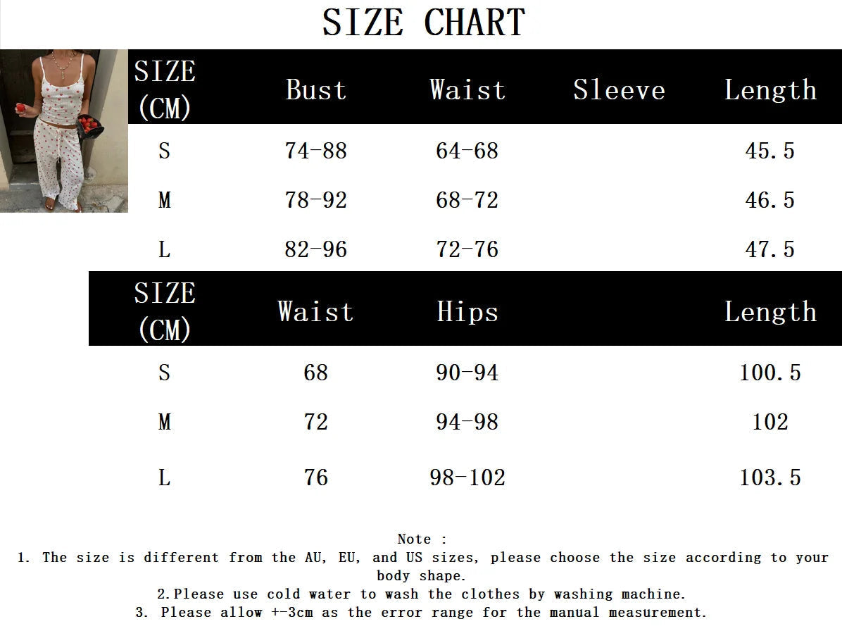 Aiertu  -  Strawberry Print Eyelet Two-piece Set Women Summer Sleeveless Slim Camis+Drawstring Pants Sets Home Cozy Sweet Casual Pajamas Aiertu