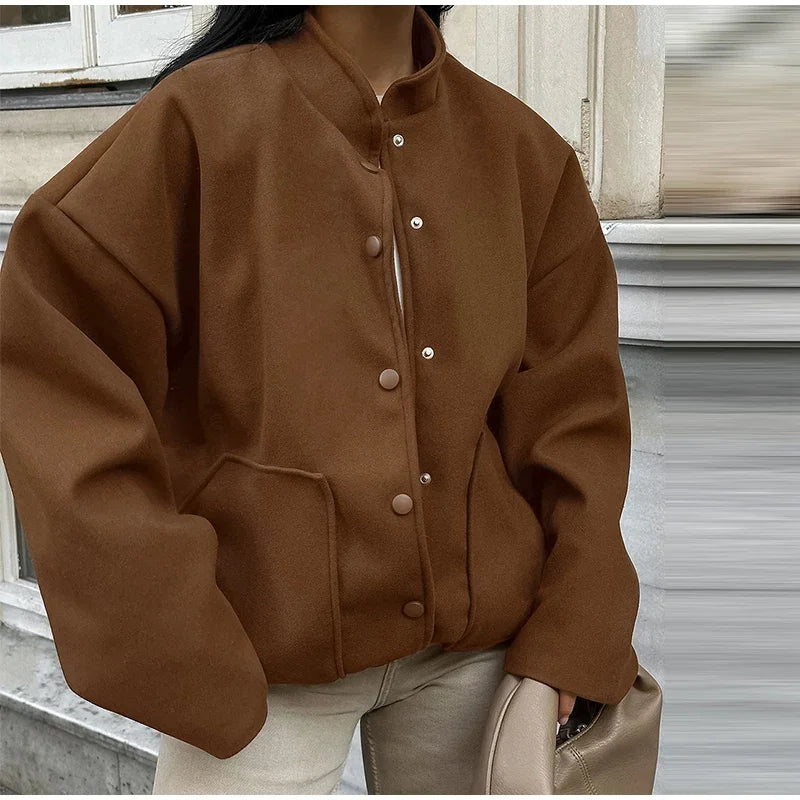 Aiertu  -  Loose Brown Bomber Coats Women Vintage Stand Collar Single Breasted Zipper Pockets Jacket 2026 Autumn New Lady Tops Outwear Aiertu