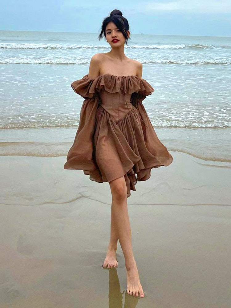 Aiertu Elegant Chiffon Corset Dress Brown Flare Long Sleeve Mini Dresses Vacation Short Party Dress Ruffles Slash Neck Outfit Aiertu