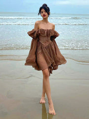 Aiertu Elegant Chiffon Corset Dress Brown Flare Long Sleeve Mini Dresses Vacation Short Party Dress Ruffles Slash Neck Outfit Aiertu