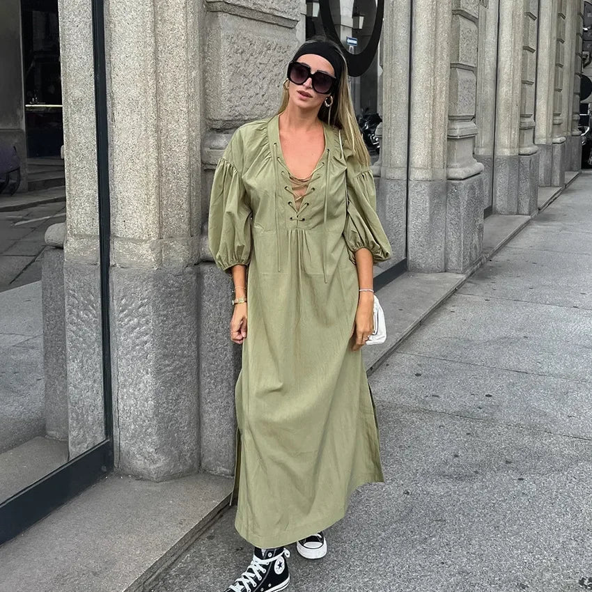 Aiertu  Loose Green Side Split Women Dress Casual Bandage Long Sleeve V Neck Female Dresses 2025 Summer Lace Up Lady Comfortable Robe Aiertu