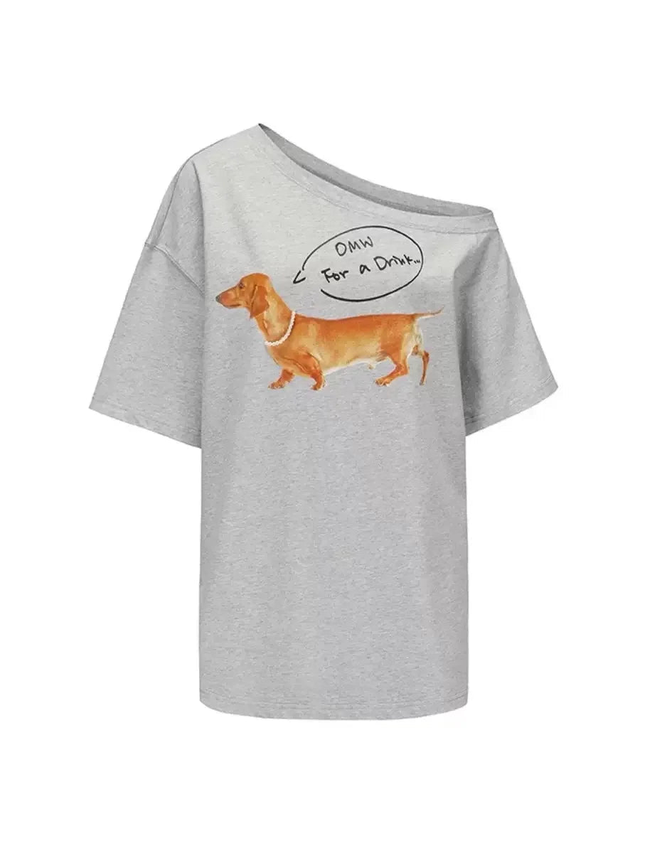 Aiertu  -  Summer New Pearl Necklace Dachshund Dog Print Short Sleeve T-Shirt Slash Shoulder Top Women Aiertu