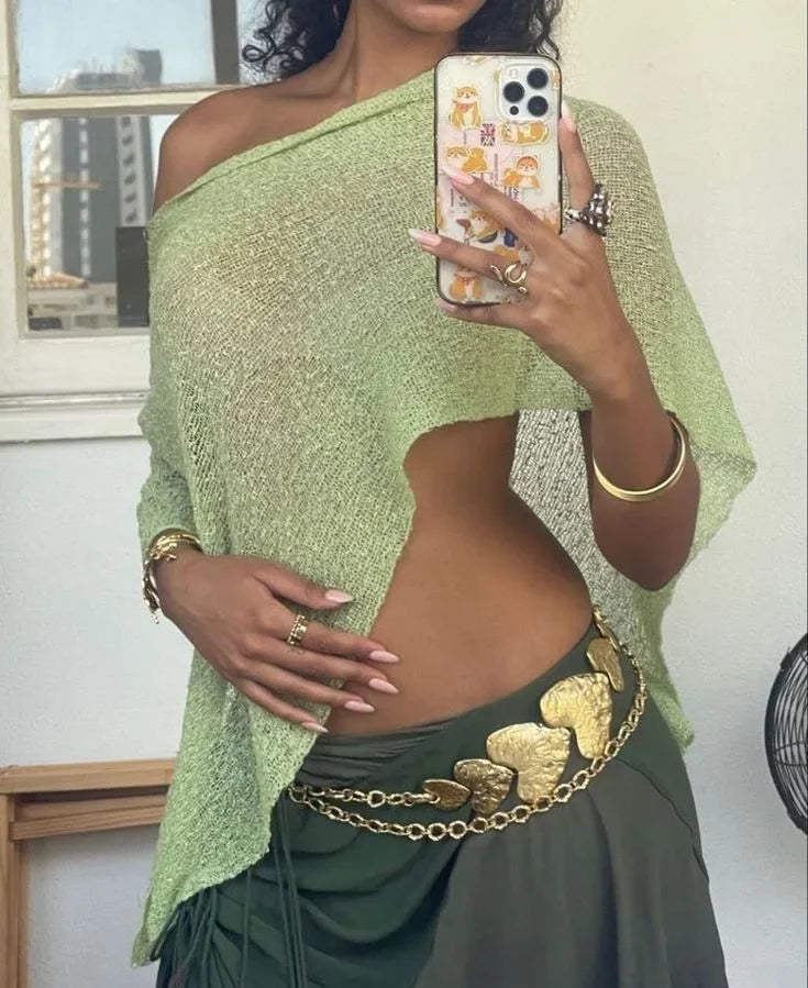 Aiertu  -  Thin See Through Irregular Knit Cover Ups Crop Tops Women Sexy Inclined Shoulder Summer Holiday Beach Smock Pullover Shawl Tees Aiertu