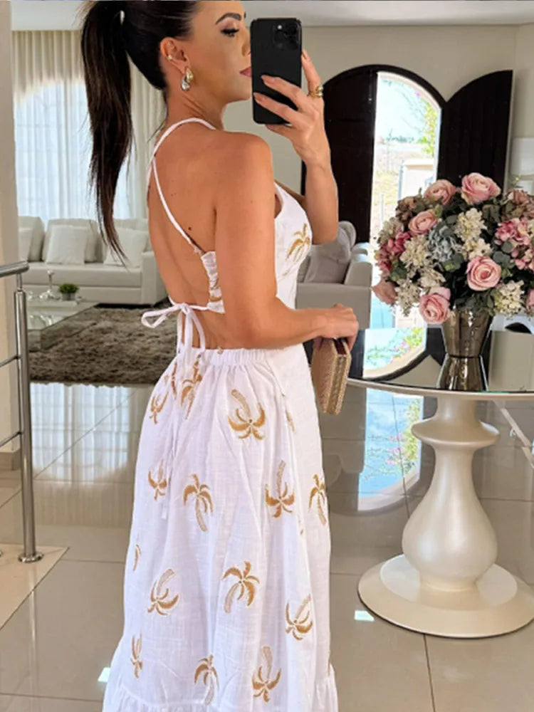 Aiertu  -  Elegant Print Lace Up Halter Long Dress For Women Fashion Hollow Waist Backless A-line Dresses 2026 New Lady Evening Party Robes Aiertu