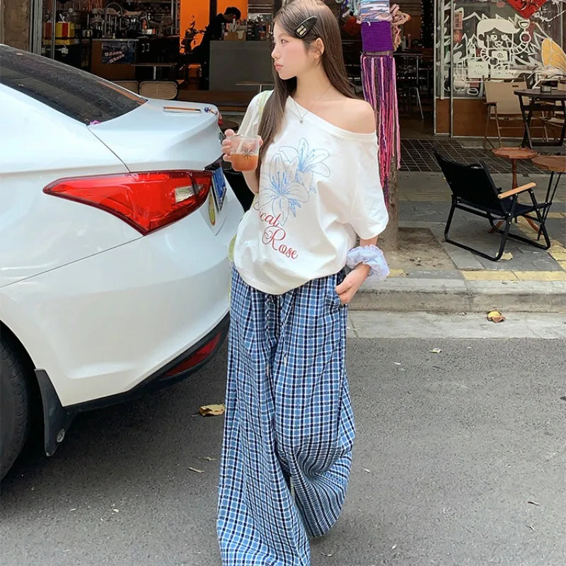 Aiertu  -  Casual Plaid Wide Leg Long Pants Summer Women Elastic High Waist Loose Trousers Female Woman Clothes 2025 Aiertu
