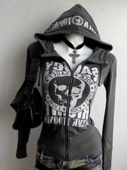 Aiertu  -  Streetwear Hoodie Harajuku Retro Letter Print Pattern Zipper Skinny Hoodie Women Casual Sweatshirt Punk Goth New Sports Hoodie Aiertu