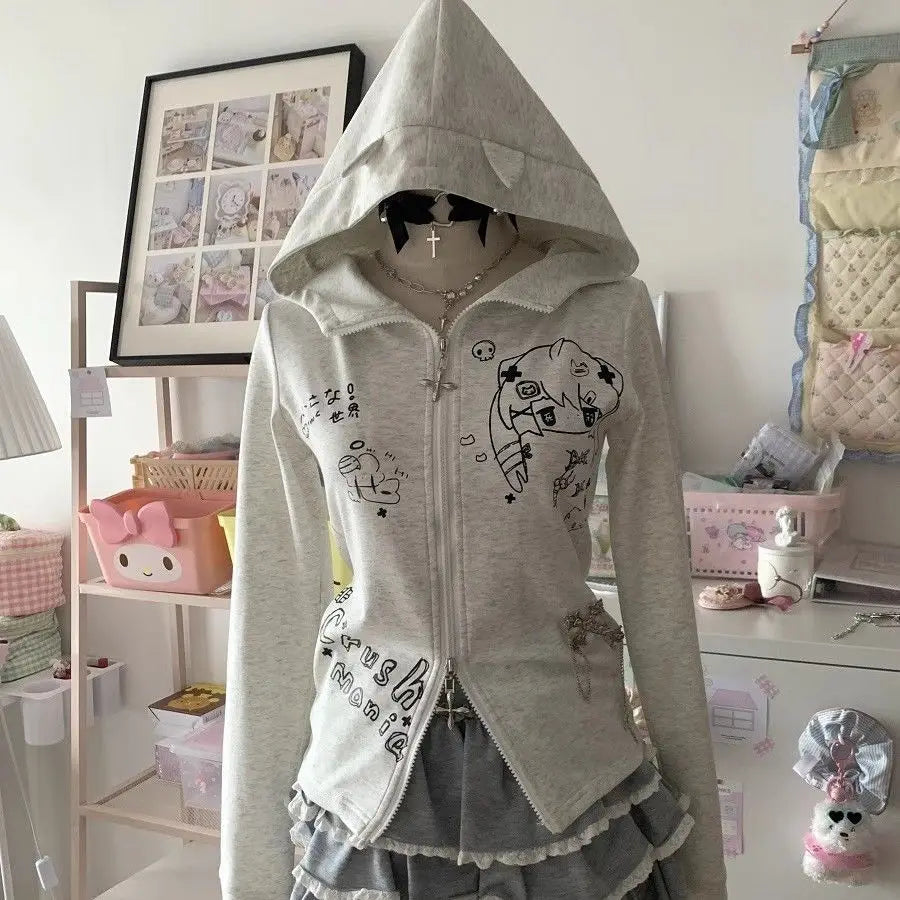 Aiertu  -  Japanese Print Pattern Cute Slim Fit Zip Up Hoodies Versatile Retro Y2K Fashion Long-sleeved Tops Jacket  Harajuku Sweatshirt Aiertu