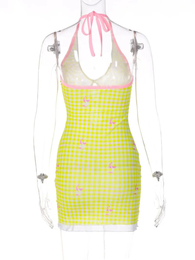 Aiertu  -  2026 Autumn Halter Backless Print Yellow Mini Dress Streetwear Fashion Sexy V-neck Hollow Out Slim Sleeveless Party Club Dresses Aiertu