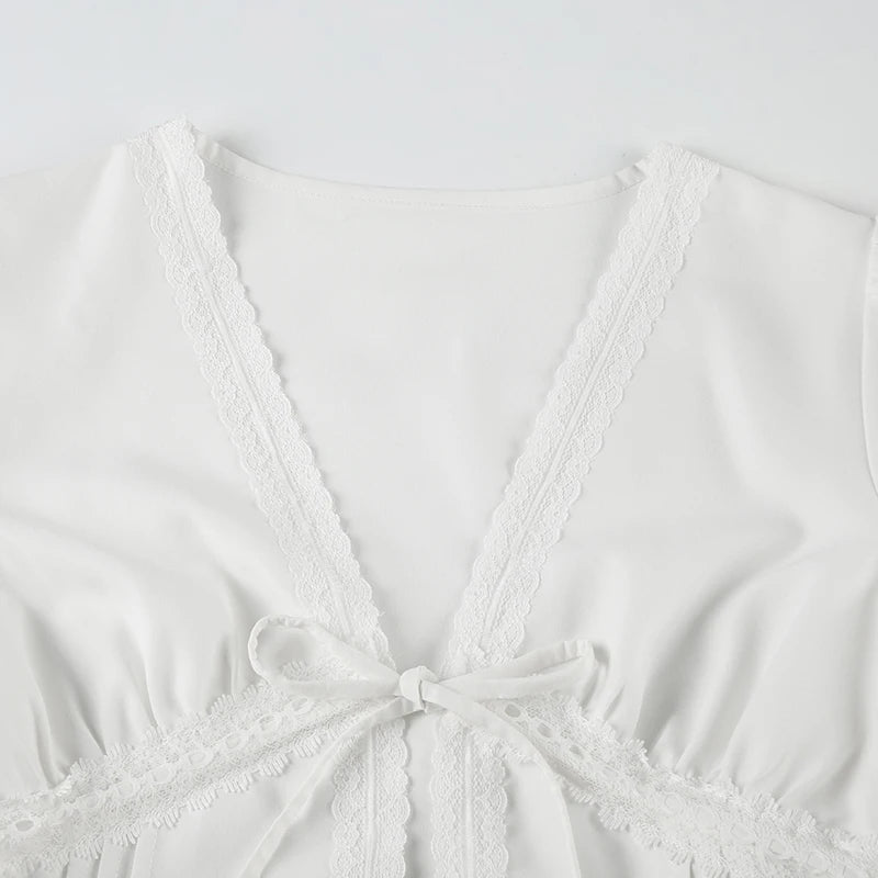 Aiertu  -  Holiday Solid Lace Trim Split T Shirt Casual Slim Bandage Deep V-Neck Short Puff Sleeve Tees Women Summer Streetwear Aiertu