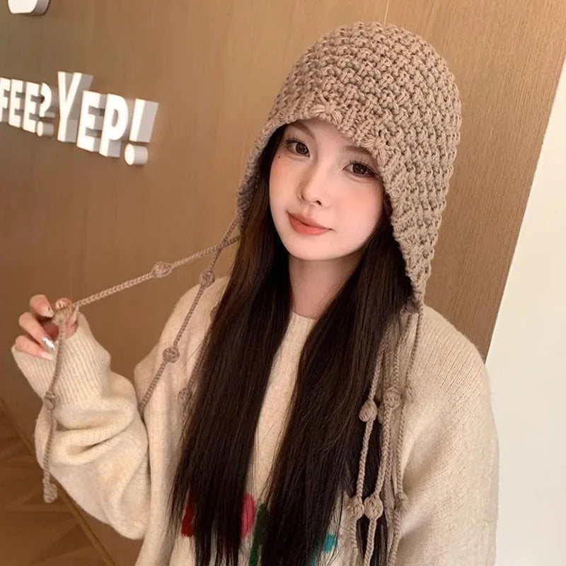 Aiertu  -  Winter Handmade Beanies for Women Fashion Tassel Thickened Warm Knitted Pullover Hat Outdoor Ear Protection Strap Woolen Bonnets Aiertu