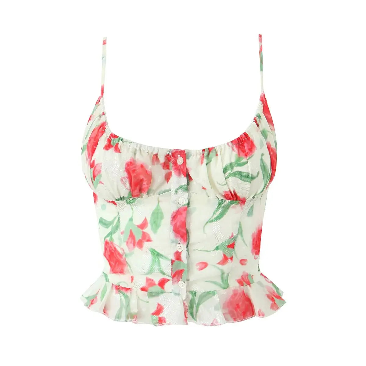 Aiertu  -  New Women Sexy Thin Straps O Neck Hem Ruffle Floral Print Camis Summer Holiday Crop Top ropa de mujer Aiertu