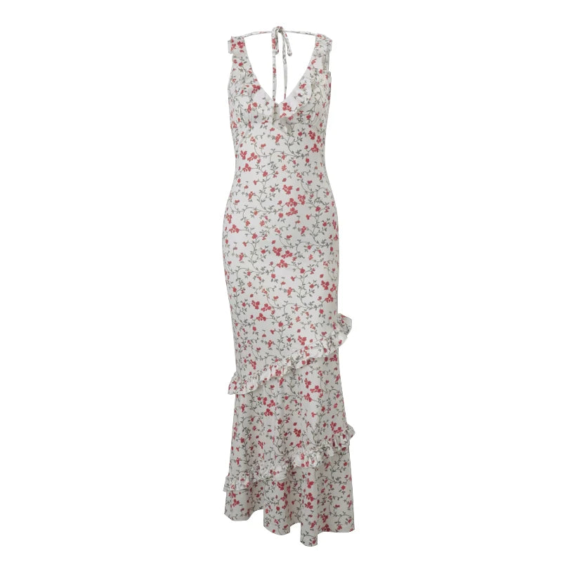 Aiertu  Floral Print Sexy V Neck Ruffles Elegant Bodycon Maxi Dresses Spring Fashion Holiday Streetwear Party Women Vestidos Aiertu