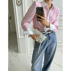 Aiertu Elegant Striped Shirts Women Korean Patchwork Long Sleeve Blouses Office Ladies Fashion Black Pink Casual All Match Tops Aiertu