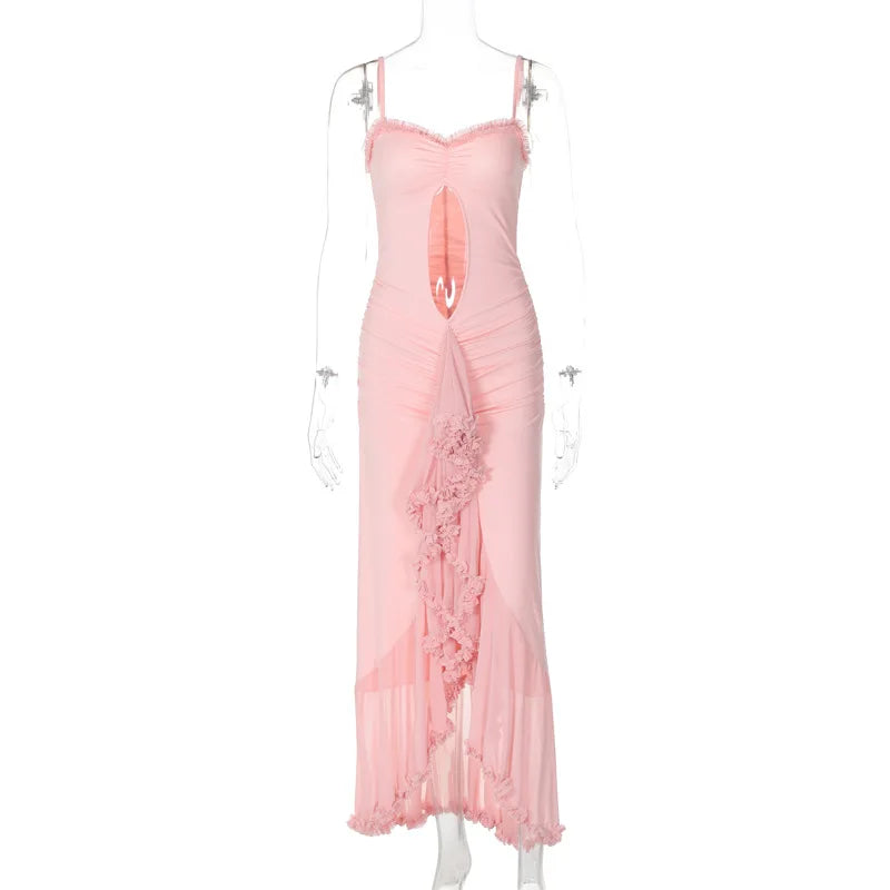 Aiertu  -  Woman Clothing 2026 Summer Sexy Hollow Out Ruched Mesh Evening Dress Female Sleeveless Irregular Slim Long Party Dresses Pink Aiertu