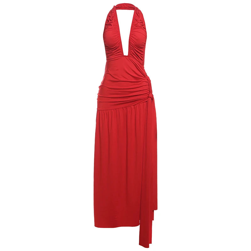 Aiertu  -  Low-Neck Women Dress Sexy Ruched Halter Cleavage Sleeveless Bandage Tassel Ruffles Trend Backless Coquette Long Bodycon Aiertu