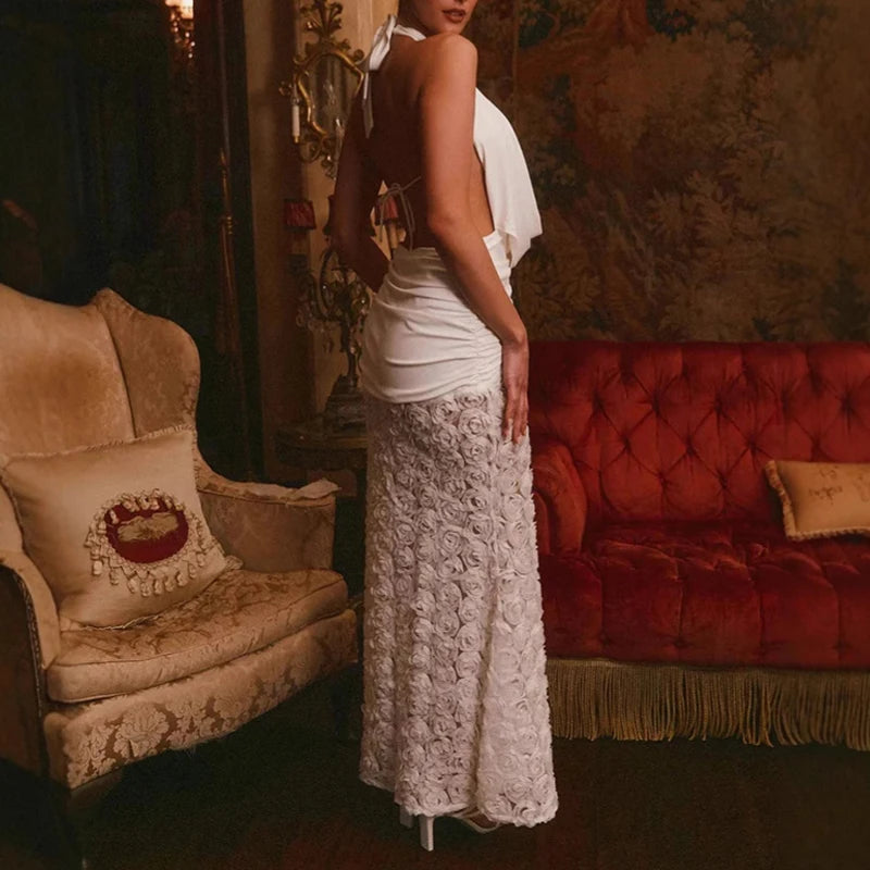 Aiertu  -  Elegant 3D Floral Swinging Collar Long Dresses Women Retro White Backless Ruched Lacing 2025 Chic Lady Party Club Gown Robe Aiertu