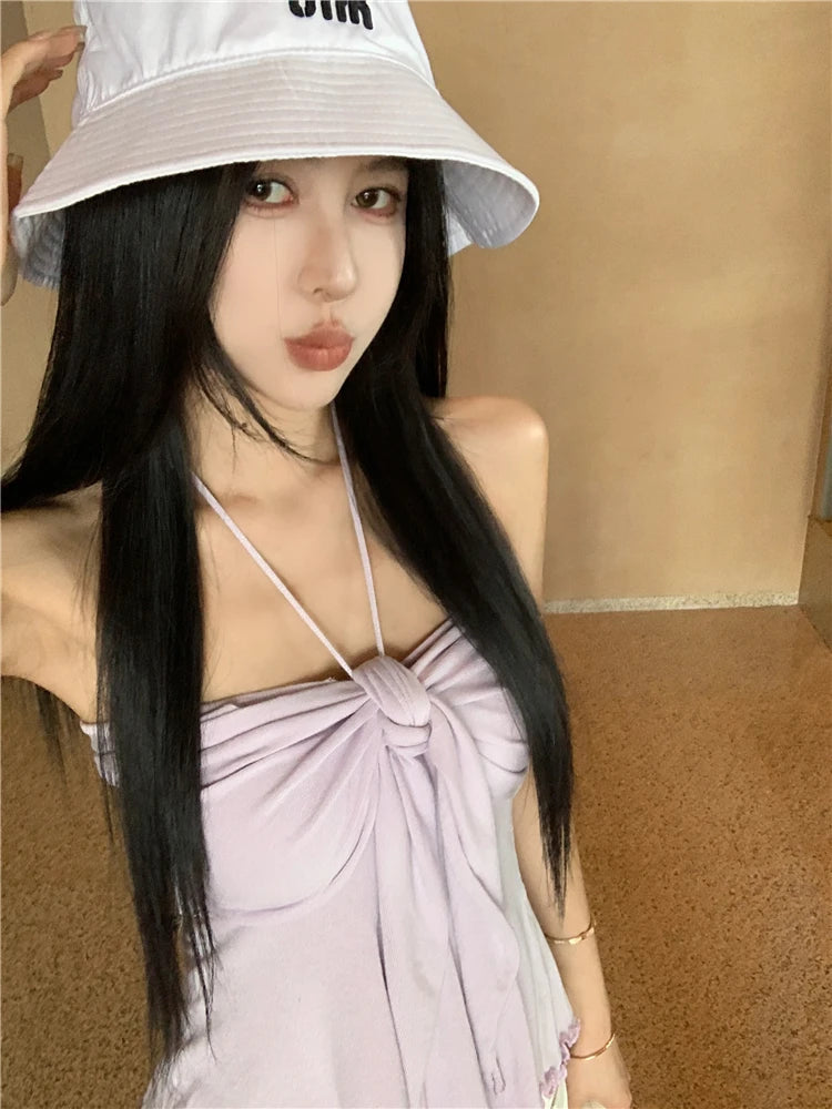 Aiertu  -  Sweet Hot Girl Sexy Knitted Halter Neck Top Women's Summer Slim Fit Backless Lace-up Strapless Vest Top Fashion Female Clothes Aiertu