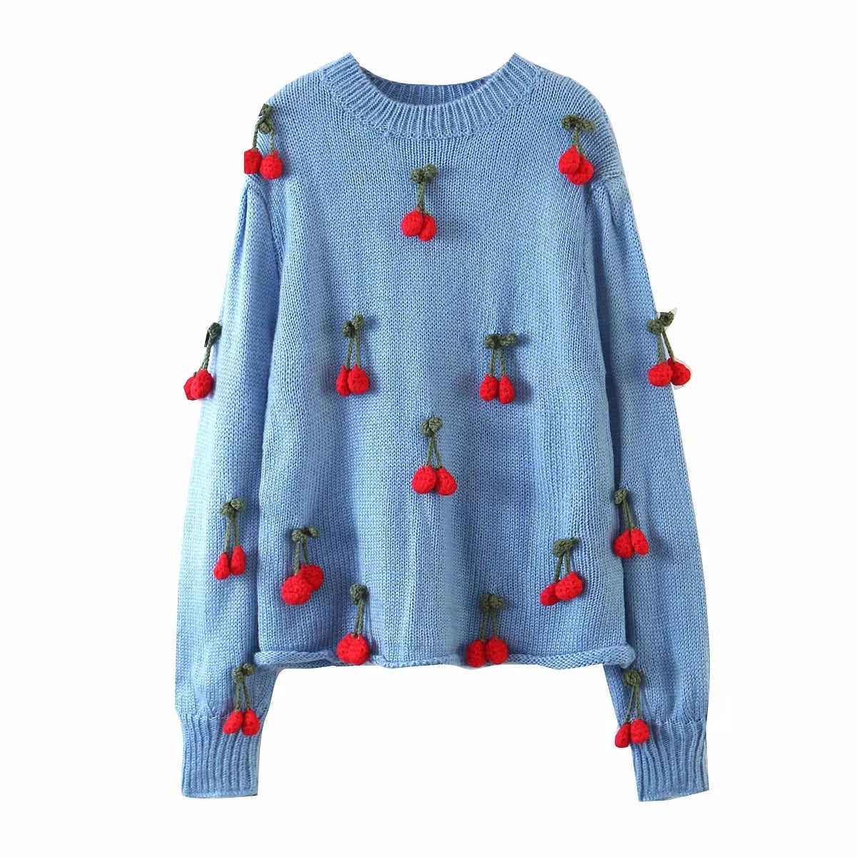 Aiertu  -  hand-made cherry sweater women vintage crochet blue pullovers autumn winter streetwear casual oversized sweater 2026 Aiertu