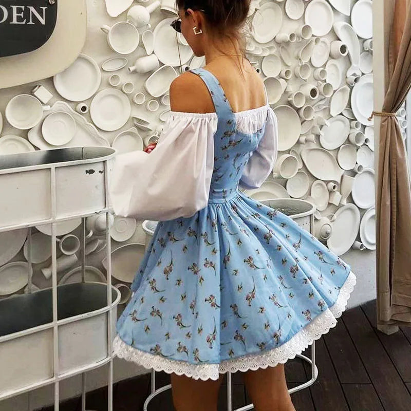 Aiertu  -  Puff Sleeve Suspender Dress Women Fake Two Pieces Flower Strapless Ruffles Splice Long Sleeve Lace Up Party Dress Summer Aiertu