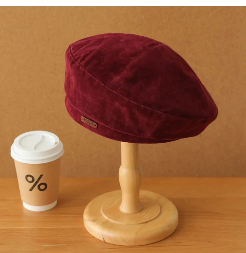 Aiertu  -  Winter Suede Beret Hat for Men Women Leather Label Newsboy Hat Outdoor Warm Thickened Berets Retro Texture Versatile Painter Cap Aiertu