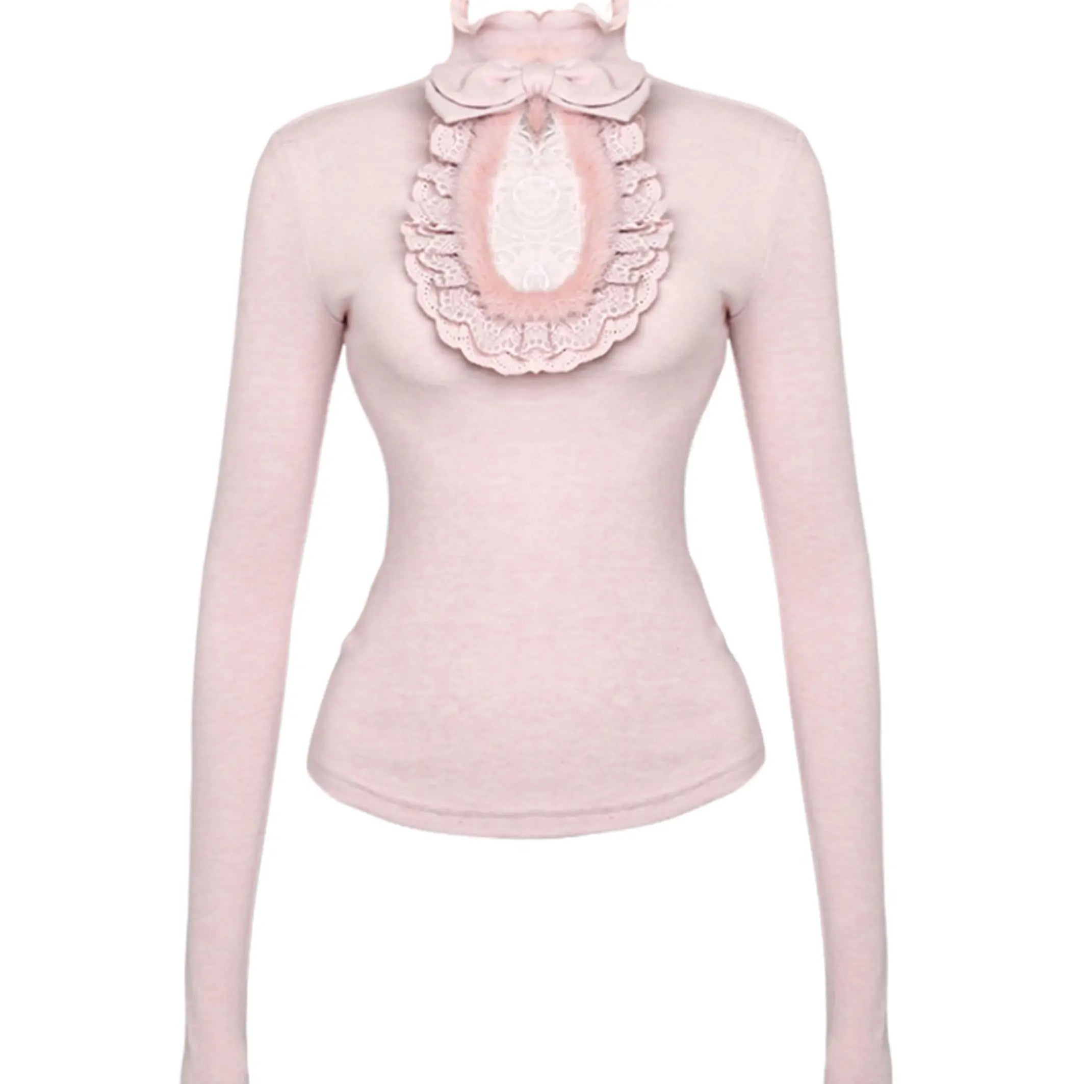 Aiertu  -  Winter Lace Hollow Out Sweet Y2k Aesthetic Women's Tees Fairy Fur Patchwork Bodycon Tops Kawaii Cute Half High Collar T-shirts Aiertu