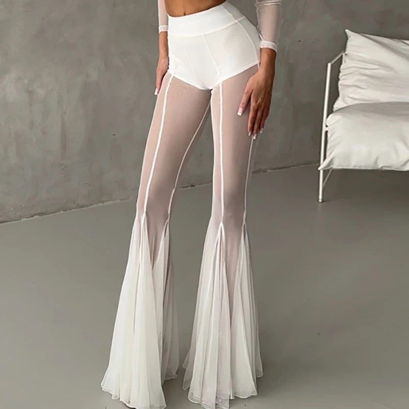 Aiertu  -  Women's Casual Patchwork Pleated Flared Pants Perspective Mesh Slim Trousers New 2026 Summer Elastic High Waist Club Long Pants Aiertu