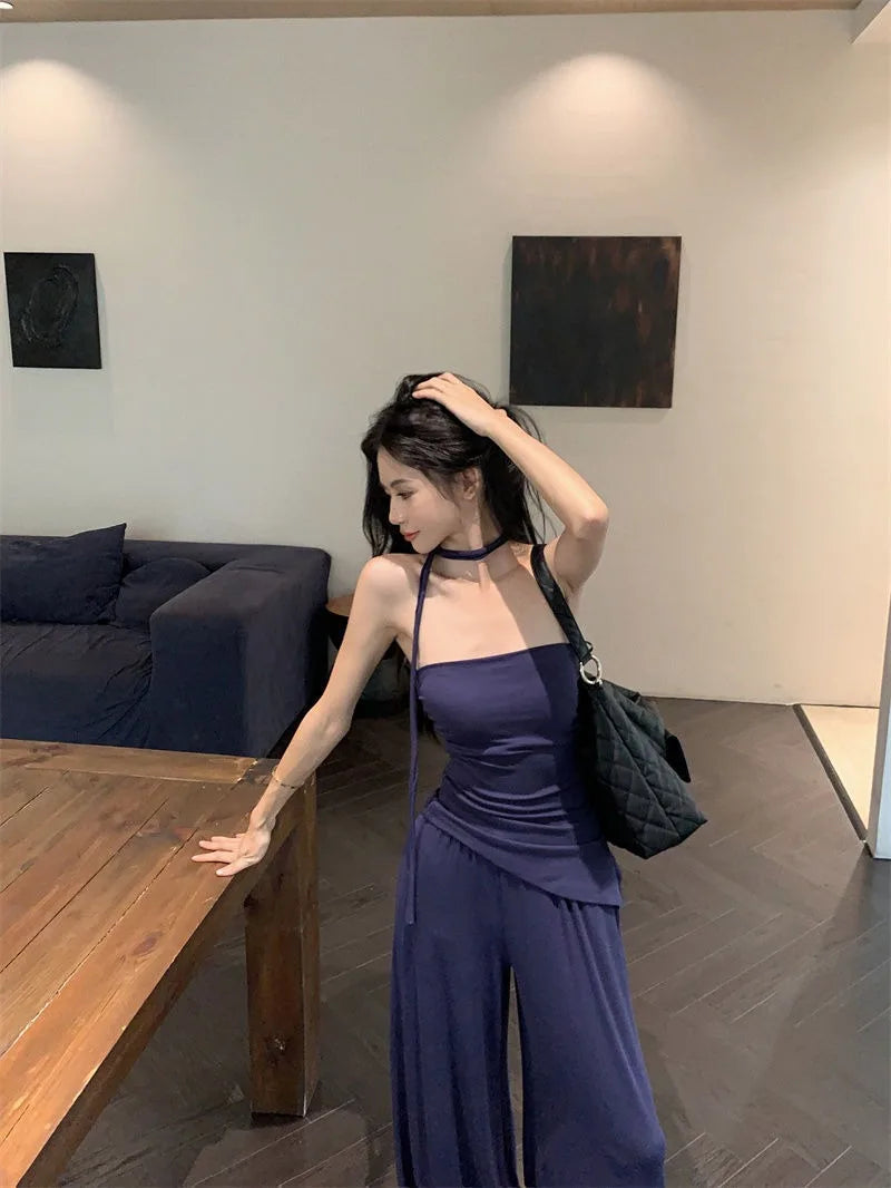 Aiertu  -  Sweet Hot Girl Pure Sexy Suit Women's Summer Irregular Slit Strapless Vest Wide Leg Pants Two-piece Set Fashion Female Clothes Aiertu