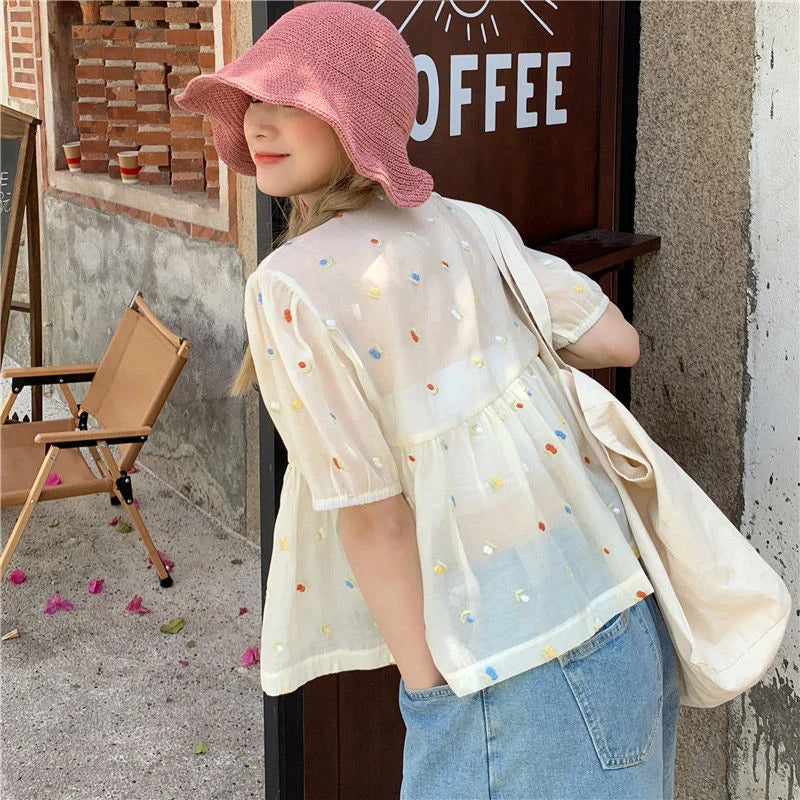 Aiertu Sweet Shirts Women Kawaii Cute Print V Neck Puff Short Sleeve Blouse Student Korean Fashion Embroidery Loose Casual Top Aiertu