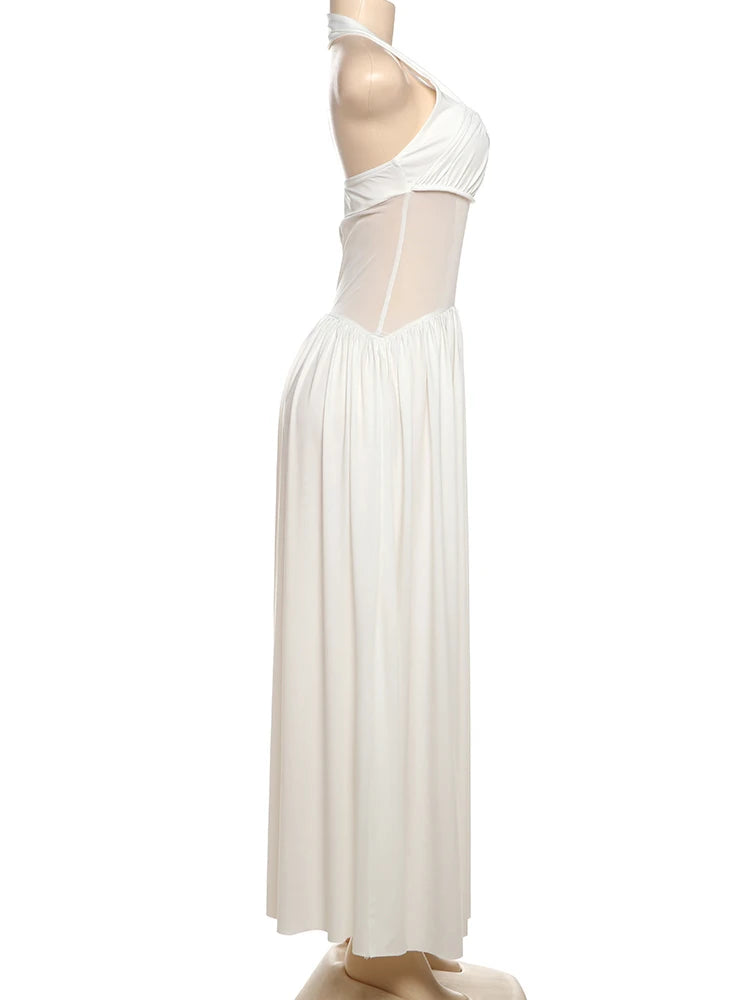 Aiertu  -  Puss Mesh Patchwork Maxi Dress Women Halter Backless Sleeveless Vacation Fashion Camping Ruched Elegant Classic Vestidos Aiertu