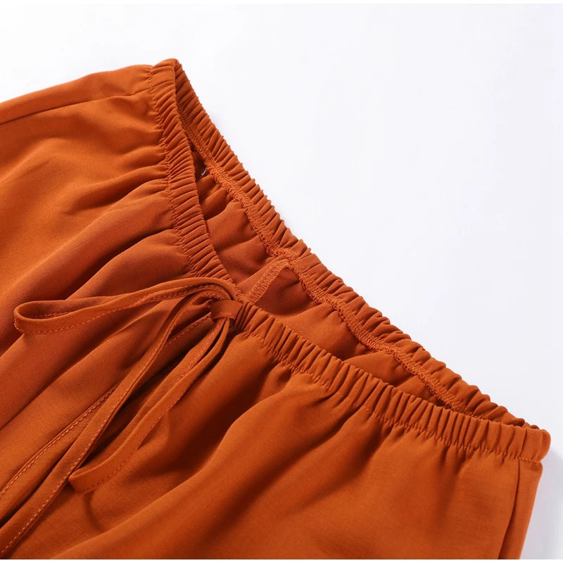 Aiertu  -  Elegant Orange Long Pants Sets For Women Casual Single Breasted Lapel Loose Shirts Wide Leg Straight Trousers Lady 2 Pieces Suit Aiertu
