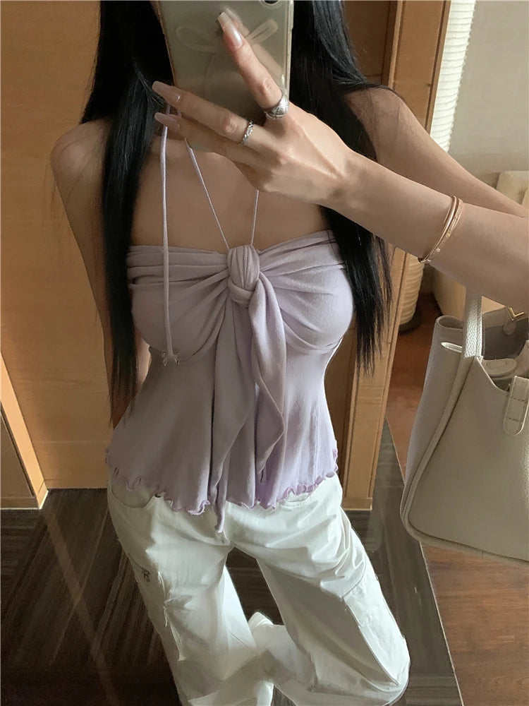 Aiertu  -  Sweet Hot Girl Sexy Knitted Halter Neck Top Women's Summer Slim Fit Backless Lace-up Strapless Vest Top Fashion Female Clothes Aiertu