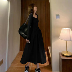 Aiertu Vintage Square Collar Maxi Wedding Dresses for Women Clothing Party Office Lady Casual Black Pockets Bodycon Midi Dress Autumn Aiertu