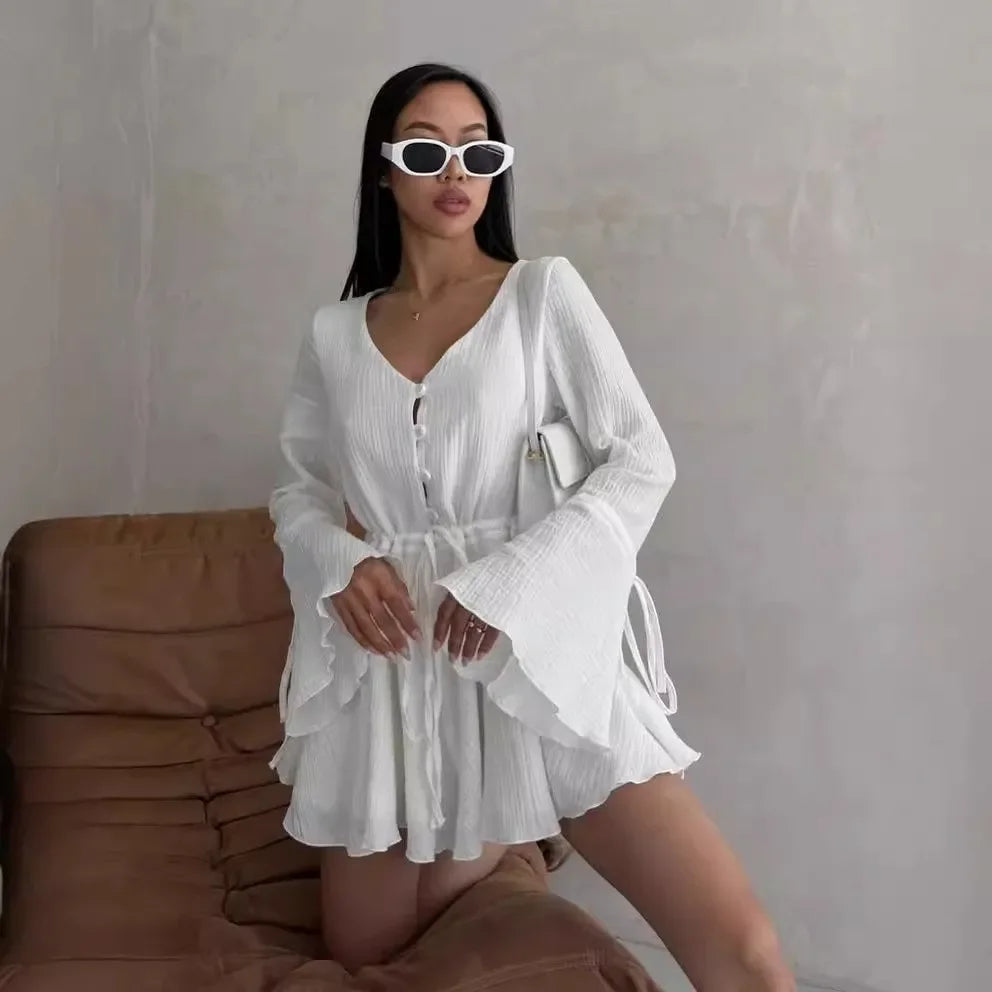 Aiertu  -  Cotton Pleated Women Jumpsuit with Button V-neck Drawstring High Waist Flared Sleeve Casual Rompers Commuter Strappy Jumpsuit Aiertu
