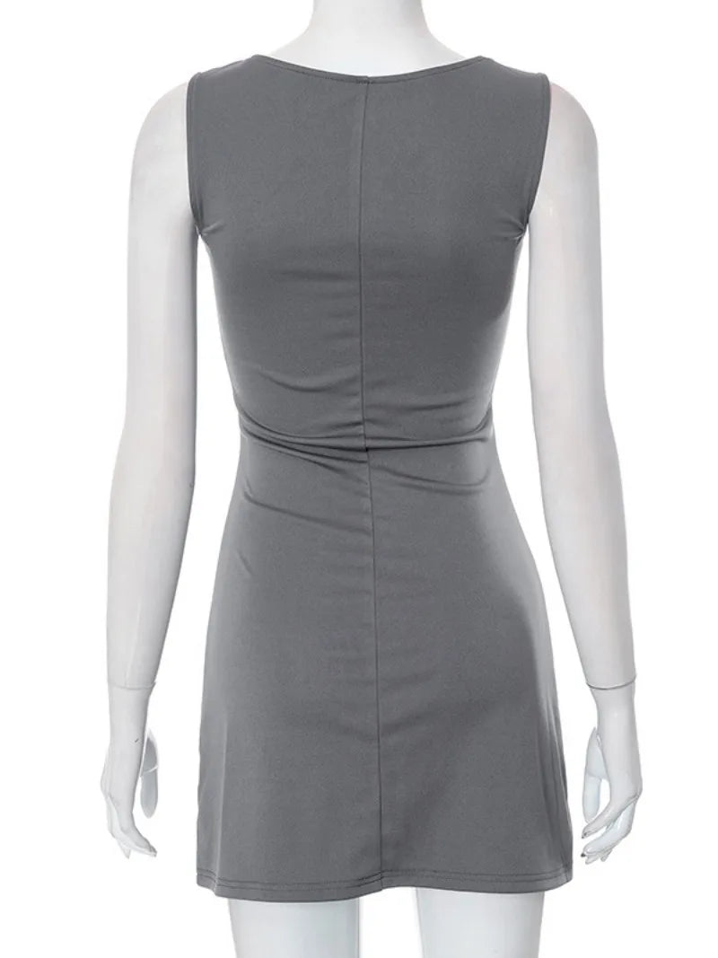 Aiertu  -  Fashion Casual O-neck Sleeveless Solid Gray Short Dresses for Women 2026 Sexy Female High Waist Slit Fit Tank Dress Streetwear Aiertu