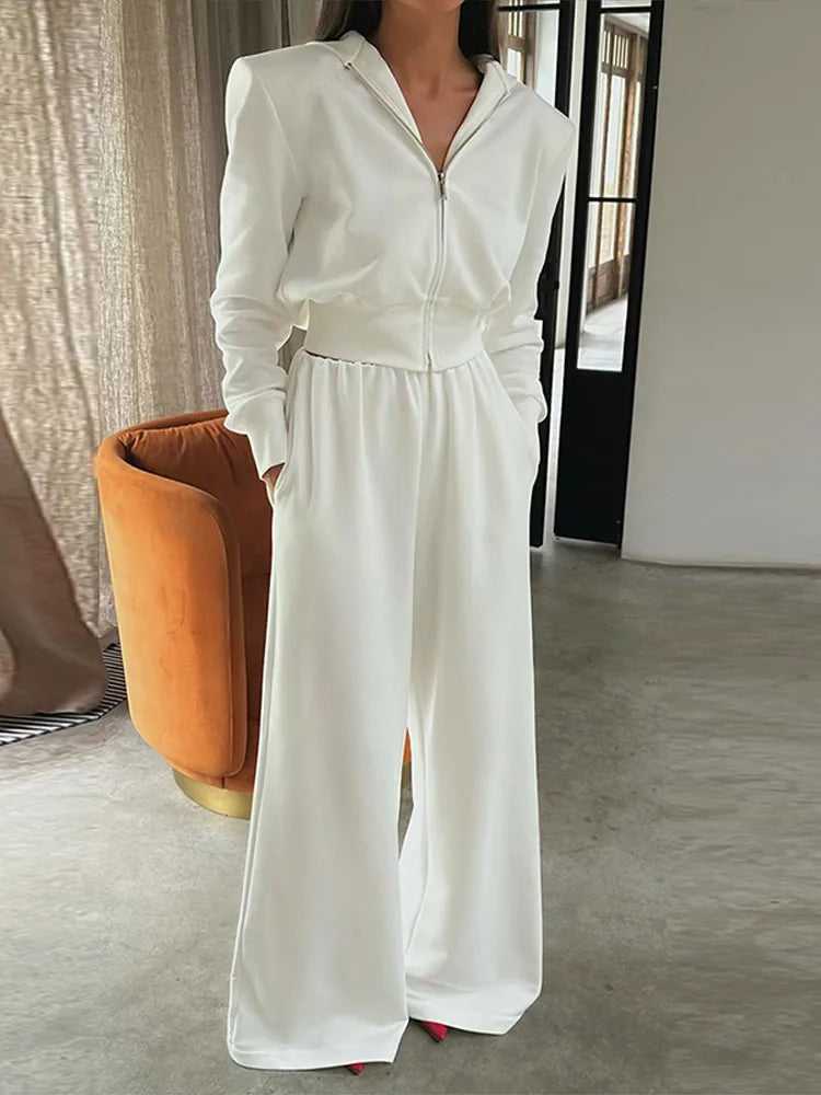 Aiertu  -  Casual 2 Pieces Suit Women Full Sleeves Zippers Crop Hoodies High Waist Wide Leg Lengthen Pants Female Set 2025 Spring Lady Sets Aiertu