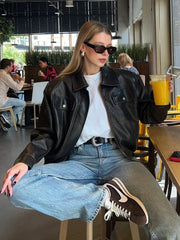 Aiertu  -  Women Chic Lapel Loose Leather Jacket Fashion Solid Button Zipper Pockets Short Coat 2026 Autumn Lady Chic High Street Outerwear Aiertu